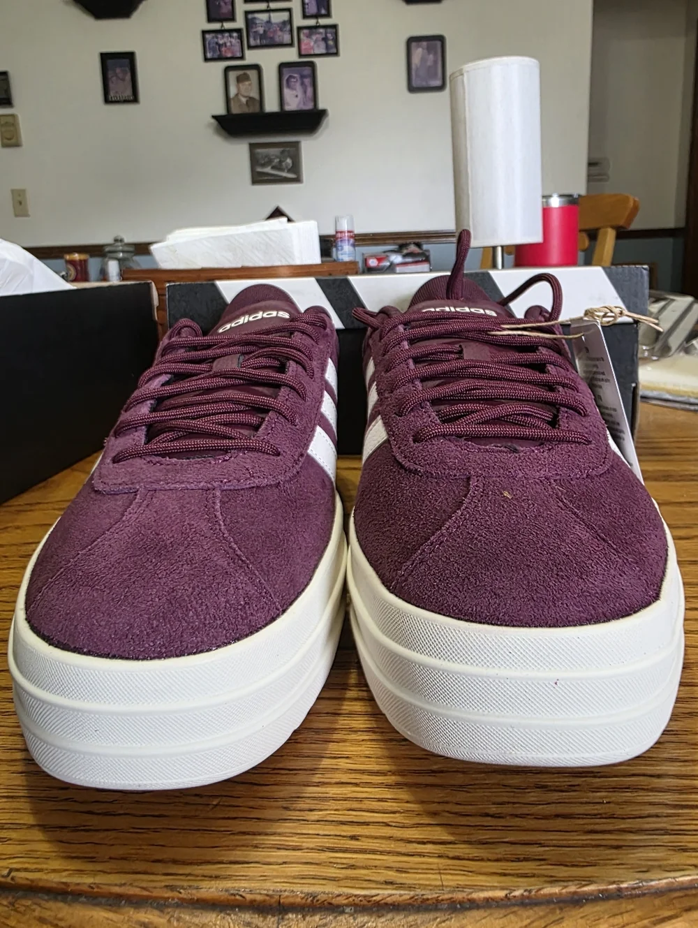adidas VL Court Bold Size 7.5 Womens Maroon Suede Sneakers with White Stripes - Picture 2 of 8